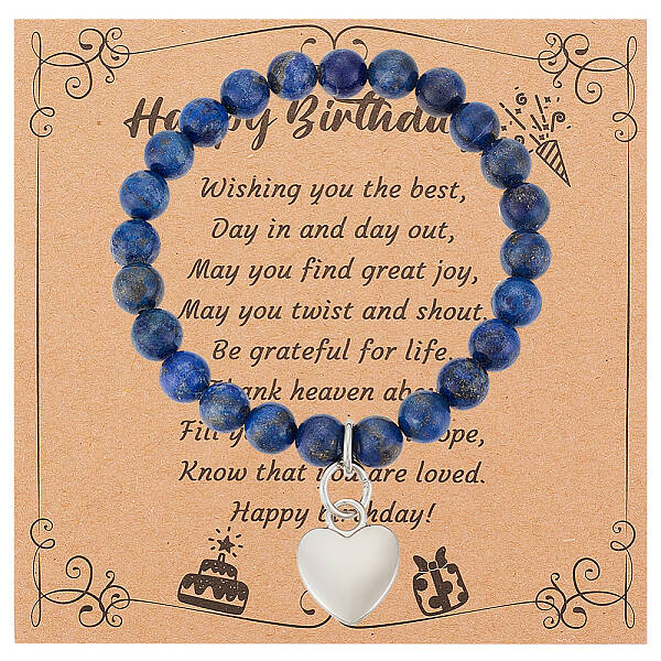 Natural Lapis Lazuli Round Beaded Stretch Bracelet with Alloy Heart Charm