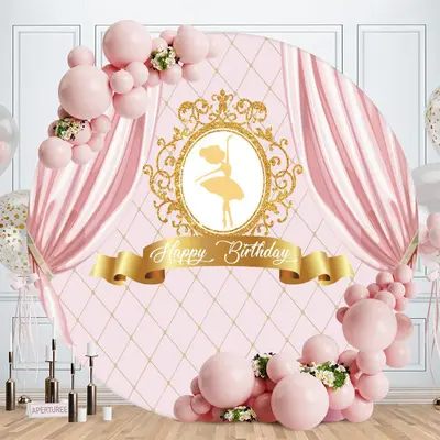Aperturee Gold Dance Girl Pink Happy Birthday Round Backdrops