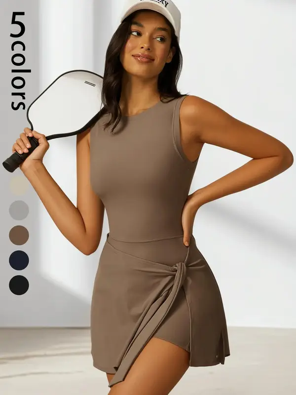 Women's Solid Knot Front Wrap Sports Dress, Sporty Sleeveless Round Neck Short Dress for Tennis Badminton Training, Ladies Sp...