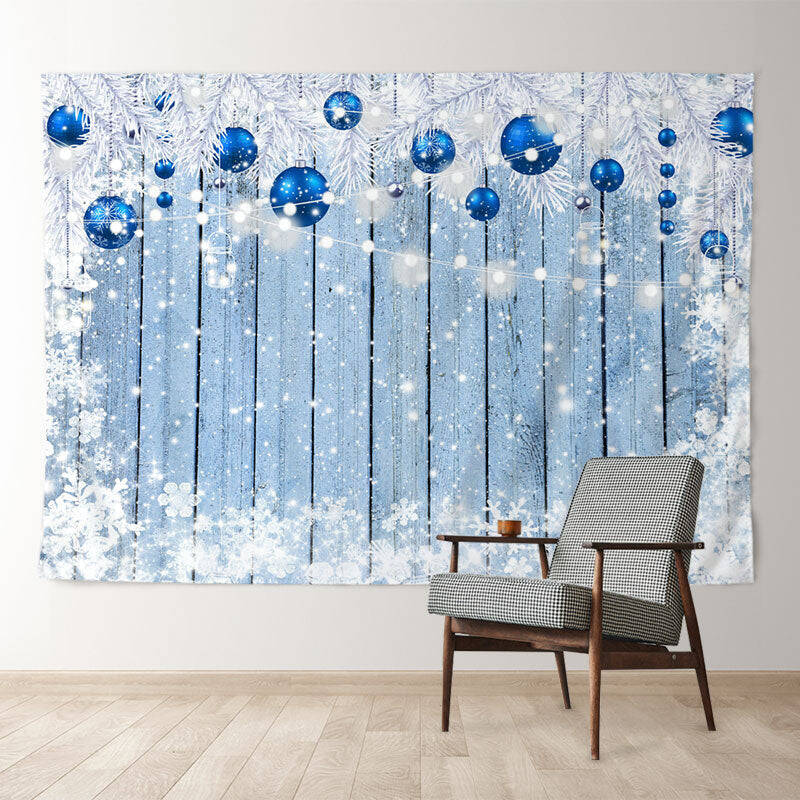 Aperturee Navy Blue Christmas Balls Wooden Snow Backdrop