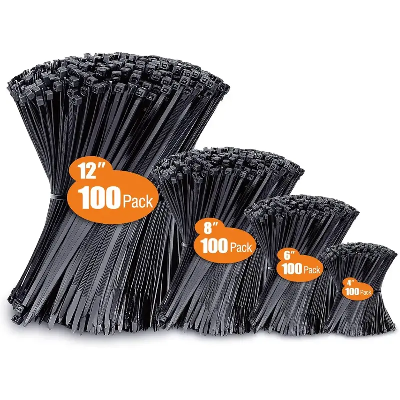 Zip Ties Assorted Sizes(4”+6”+8”+12”), 400 Pack, Black Cable Ties, UV Resistant Wire Ties