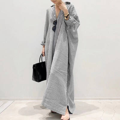 Women's Casual Long Sleeve Button Down Loose Striped Cotton Maxi Shirt Dress