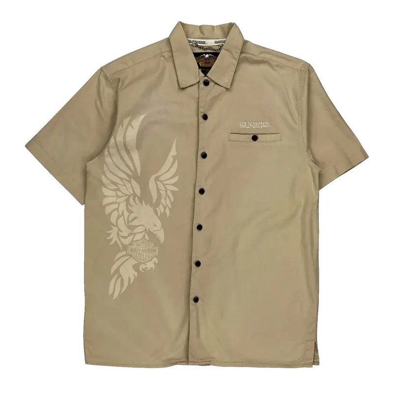 Harley Davidson Graphic Short Sleeve Shirt - Medium Beige Cotton