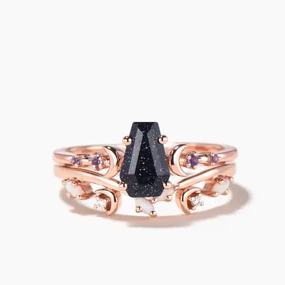 Coffin Cut Blue Sandstone Engagement Ring Amethyst Opal Moon Bridal Set