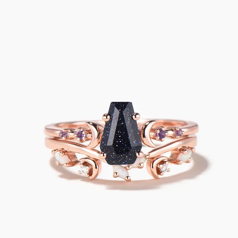 Coffin Cut Blue Sandstone Engagement Ring Amethyst Opal Moon Bridal Set