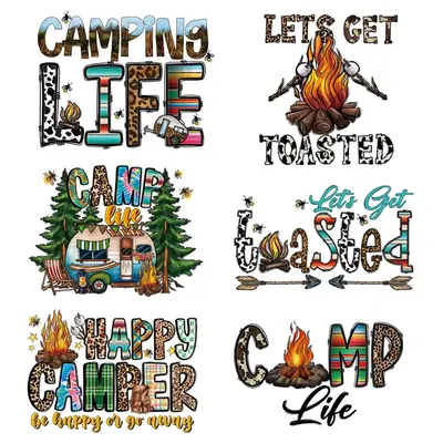 Camping Life Pattern Heat Transfer Sticker, 6pcs Funny Iron on Decal, Iron on Transfer Patch for T-shirt, Jeans, Jacket, Outd...