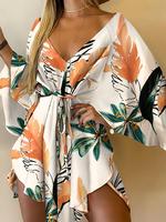 Women's Plants Print Tie Front Dress, Casual Asymmetrical Hem Short Dress for Summer, Ladies Clothes for Beach Holiday Vacati...