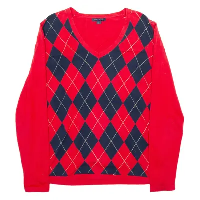 TOMMY HILFIGER Womens Patterned Jumper Red Argyle V-Neck Tight Knit M