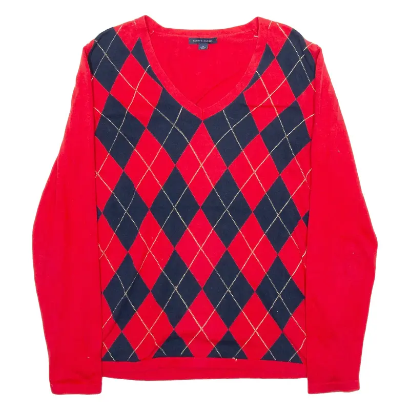 TOMMY HILFIGER Womens Patterned Jumper Red Argyle V-Neck Tight Knit M
