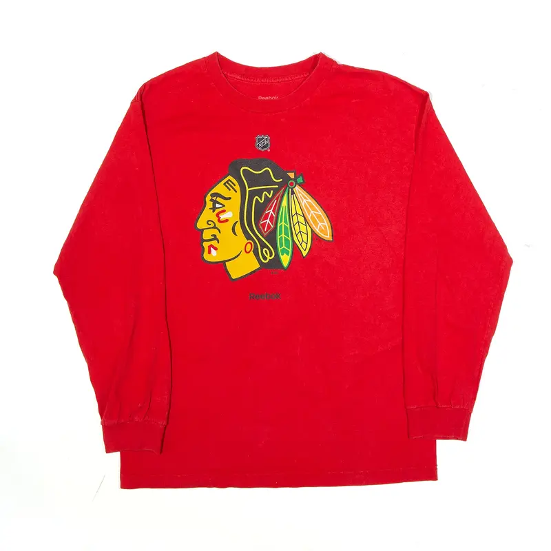 REEBOK Chicago Blackhawks NHL T-Shirt Red USA Long Sleeve Boys M