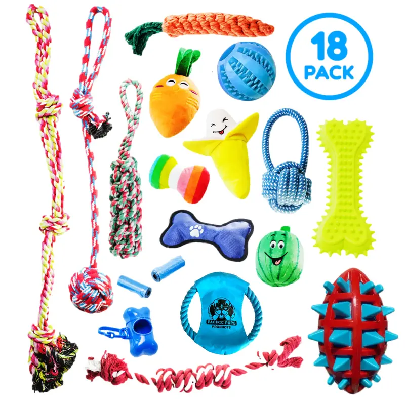 Pacific Pups Products - Dog Toys 18 Piece Set - Variety of Dog Chew Toys, Dog Rope Toys and Plush Dog Toys with Squeakers - F...