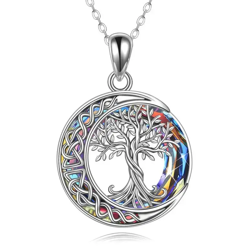 Sterling Silver Tree Of Life Celtic Knot & Moon Crystal Pendant Necklace