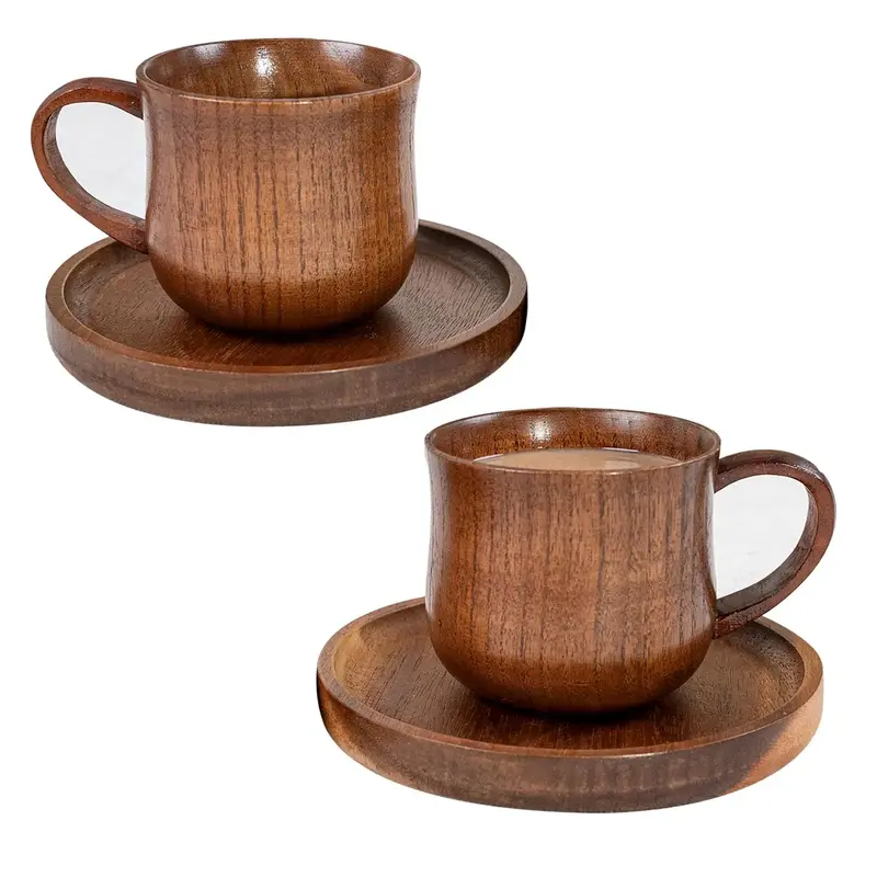 Wooden Handle Coffee Cup & Coasters Set, 2/4 Counts/set Vintage Tea Cup, Multi-purpose Drinking Cup for Home Office Use