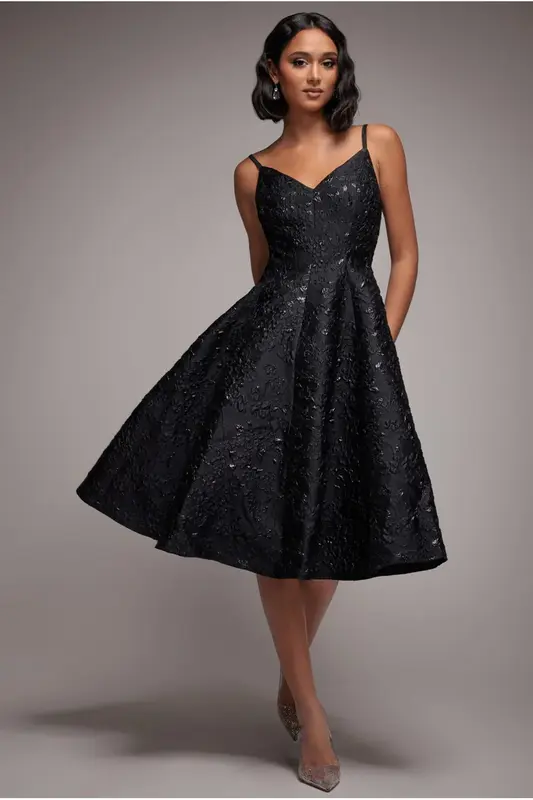 Goddiva Jacquard Sleeveless A-line Midi Dress - Black