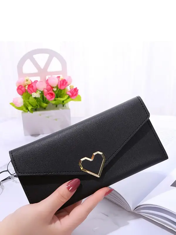 Women's Elegant Plain Heart Design Long Wallets for Women, Valentine's Day Style Trendy Trifold Wallet with Car Slots Design,...