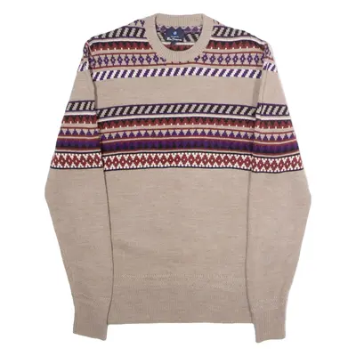 BEN SHERMAN Mens Icelandic Jumper Cream Fair Isle Crew Neck Tight Knit Wool S