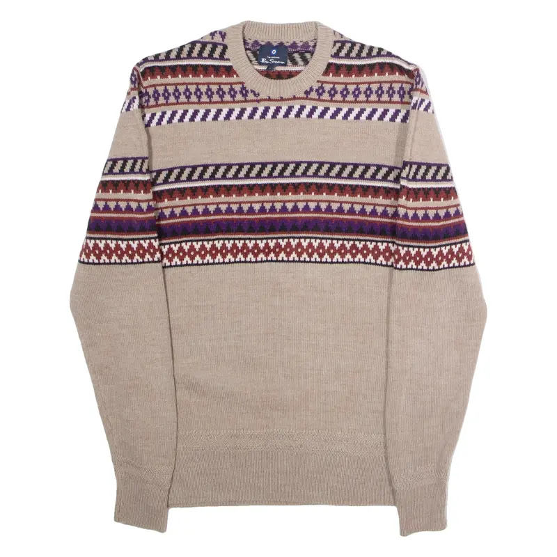 BEN SHERMAN Mens Icelandic Jumper Cream Fair Isle Crew Neck Tight Knit Wool S