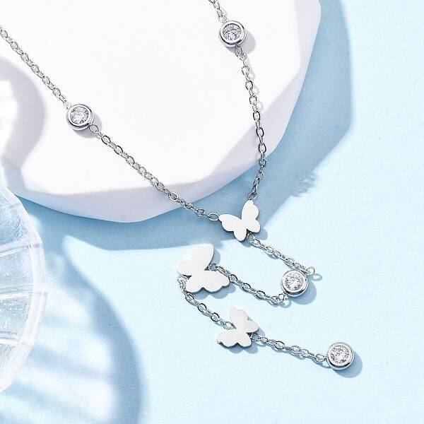 304 Stainless Steel Crystal Rhinestone Butterfly Lariat Necklaces