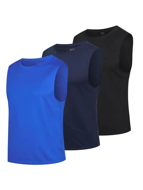 Men's Solid Round Neck Sports Vest, Streetwear Quick Drying Breathable Loose Crew Neck Tank Top, Running Vest, Summer Outfit...