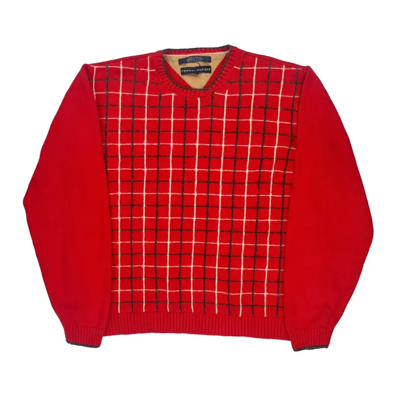 Tommy Hilfiger Checked Jumper - XL Red Cotton Blend