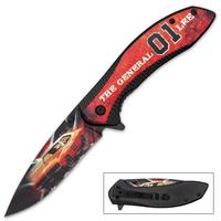 General Lee Pocket Knife - Printed Stainless Steel Blade, Aluminum Handle, Wooden Facing, Pocket Clip - Closed 4 1/2”