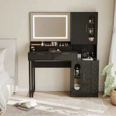 Garvee Modern Fluted Vanity Desk with LED Mirror, Charging Station, 2 Drawers & 2 Cabinets, Large Wooden Makeup Table for Bed...