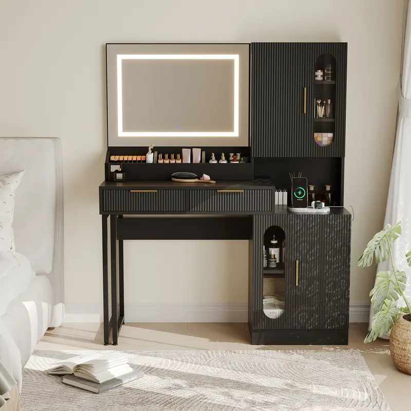 Garvee Modern Fluted Vanity Desk with LED Mirror, Charging Station, 2 Drawers & 2 Cabinets, Large Wooden Makeup Table for Bed...