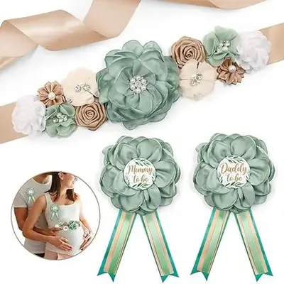 Halloween fall Gift Green Maternity Sash and Corsage Set Mom to Be Daddy to Be Corsage Greenery Theme Baby Shower Decorations...