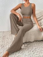 Women's Solid Color Ribbed Crop Tank Top & Wide Leg Pants Two-piece Set, Casual Sleeveless Round Neck Top & Elastic Waist Tro...