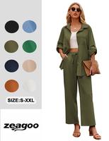 ZEAGOO Women 2 Piece Linen Sets Button Down Shirt and Drawstring Long Pants Set Summer Outfits corporate girlie outfit Black ...