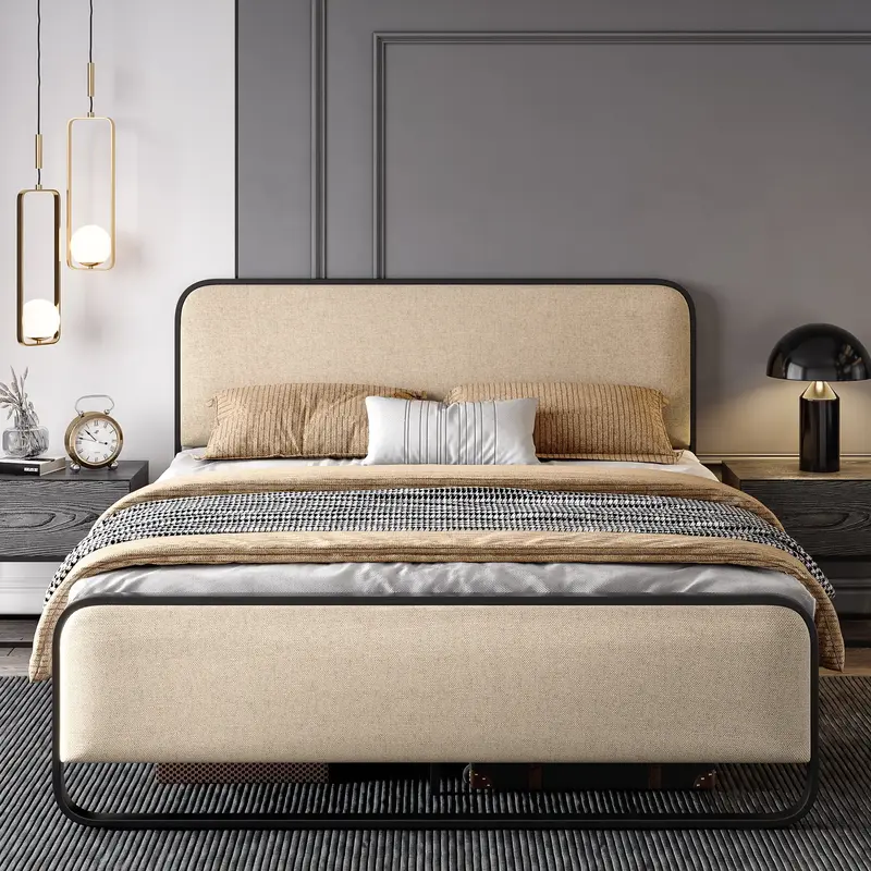 SHA CERLIN Linen Fabric Upholstered Platform Bed Frame with Metal Frame, Curved Modern Headboard and Footboard【Frame Only N...