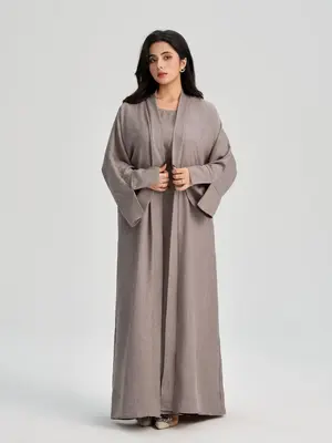 Women's Solid Color Belted Abaya & Dress Two-piece Set, Casual Long Sleeve Open Front Outerwear & Dress Set, Ladies Islamic C...