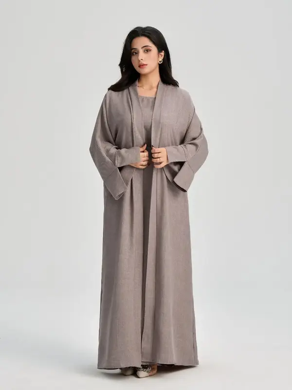 Women's Solid Color Belted Abaya & Dress Two-piece Set, Casual Long Sleeve Open Front Outerwear & Dress Set, Ladies Islamic C...