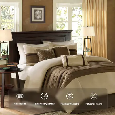 Madison Park Palmer 7 Piece Comforter Set - Pieced Microsuede with Embroidery Details