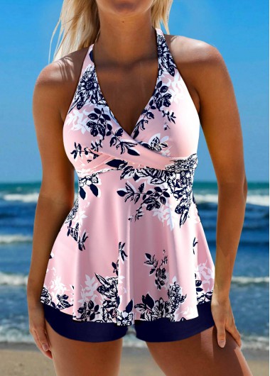 Modlily Criss Cross Floral Print Pink Tankini Set - L