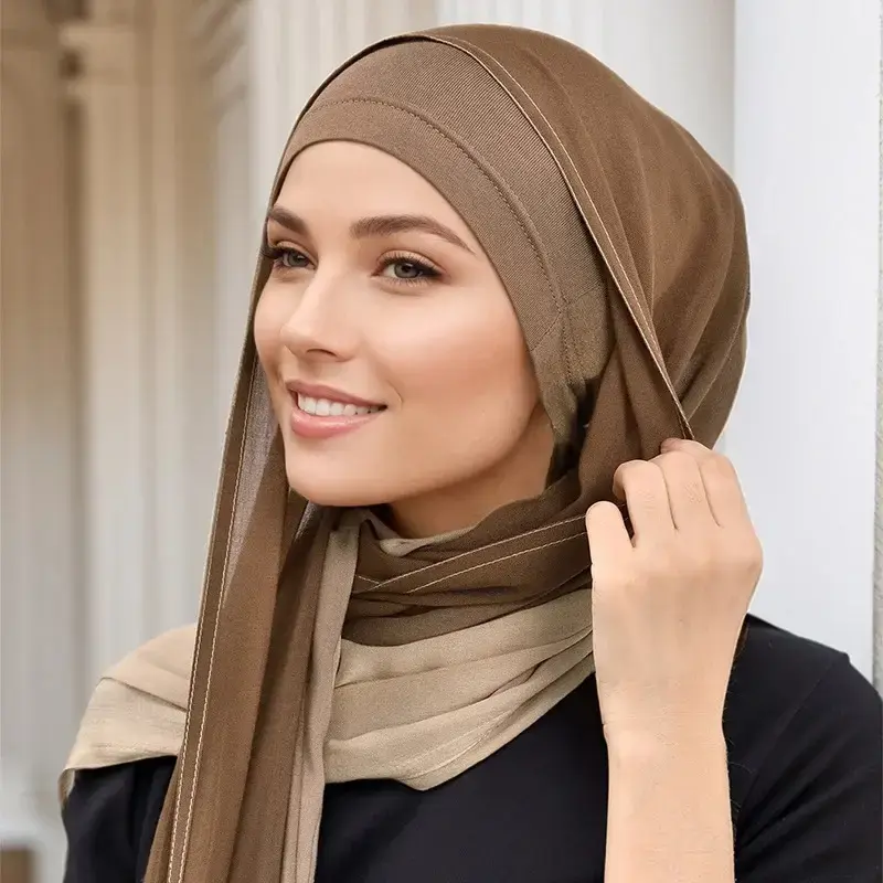 2pcs/set Rayon Hijab with Open Caps Muslim Double Stitching Wide Edge Cotton Rayon Hijab Gradient Scarf Women Solid Undercaps