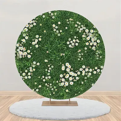 Green Grass White Floral Rustic Round Spring Backdrop - Aperturee