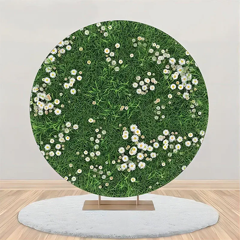 Green Grass White Floral Rustic Round Spring Backdrop - Aperturee