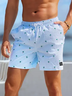 Men's Regular Fit Palm Tree Print Boxer Brief Swim Shorts, Casual Comfy Breathable Swim Shorts for Summer, Men's Swimwear for...