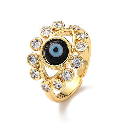 Lampwork Evil Eye Open Cuff Ring with Clear Cubic Zirconia