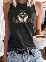 Women's Cartoon Animal & Book Print Round Neck Tank Top, Casual Sleeveless Top for Daily Wear, Ladies Clothes for All Seasons