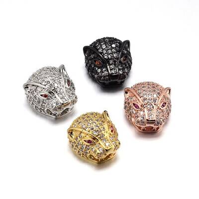 Brass Micro Pave Cubic Zirconia Leopard Head Beads