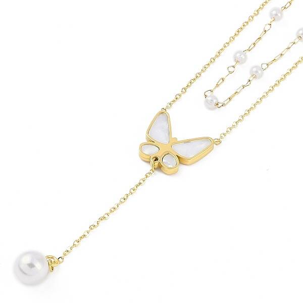 Ion Plating(IP) 304 Stainless Steel Pave Shell Double Layer Butterfly Pendant Necklaces for Women