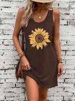 Women's Sunflower & Heart Print Round Neck Tank Dress, Casual Floral Print Sleeveless Short Dress for Daily Wear, Ladies Clot...