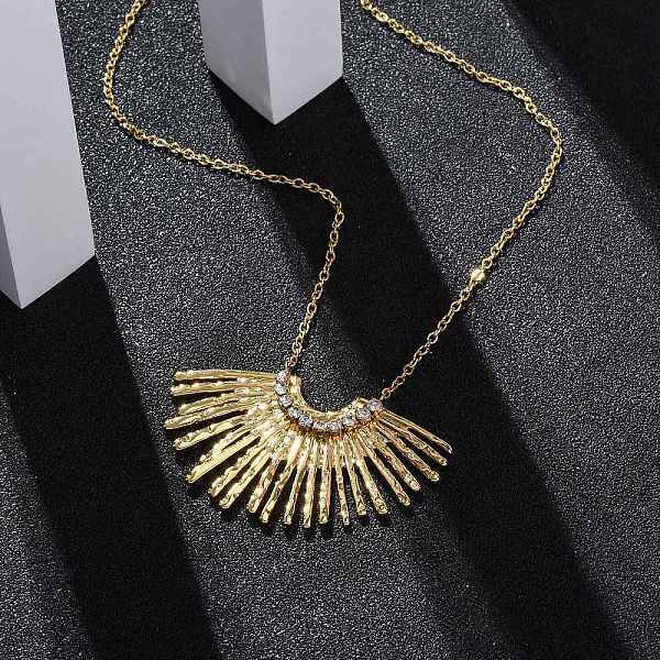 304 Stainless Steel Crystal Rhinestone Fan Pendant Necklaces for Women