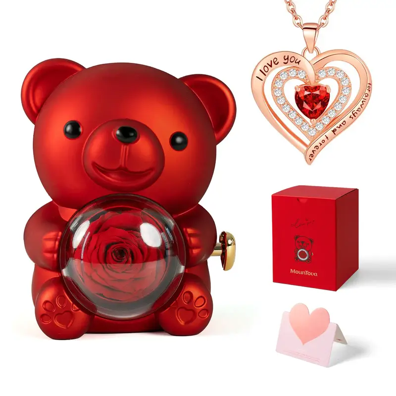 MounTova Heart Shaped Pendant & Necklace with Real Rose Bear Shining Necklaces for Mom Girlfriend Friend Fashion Jewelry Acce...