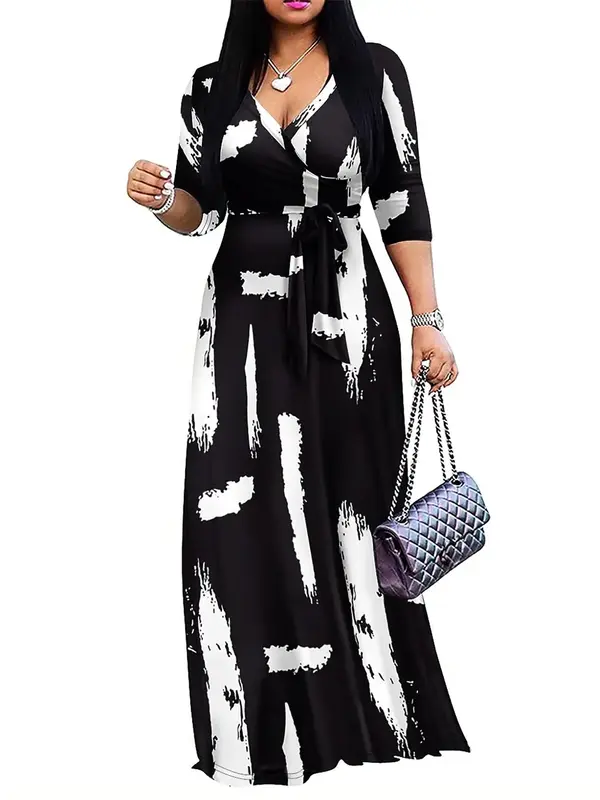 Women's Plain & All Over Print 3/4 Sleeve A Line Dress with Belt, Casual V Neck Long Dress for Summer, Ladies Clothes for Dai...