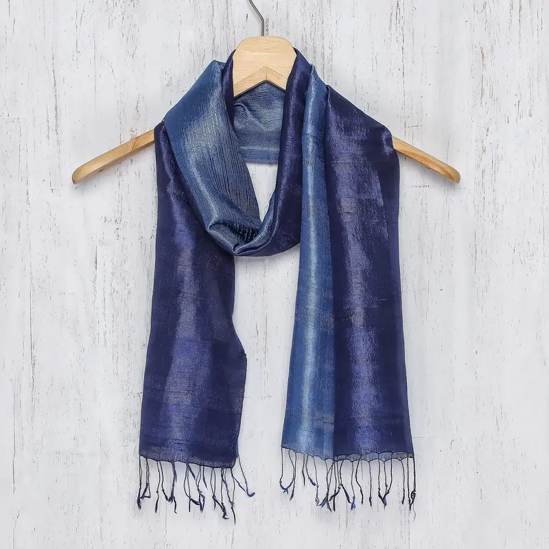 NOVICA Bluebell Duality Silk Batik Scarf