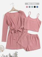 Women's Solid Textured Belted Lounge Robe & Crop Cami Top & Elastic Waist Shorts Loungewear Set, Pajama Sets Women, Lounge Se...