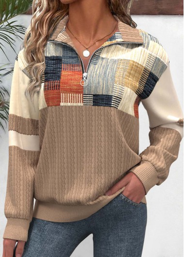 Modlily Light Camel Zipper Geometric Print Long Sleeve Sweatshirt - XL